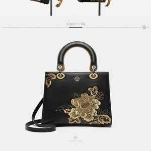 Embroidery Gold Flowers Genuine Leather Women Han